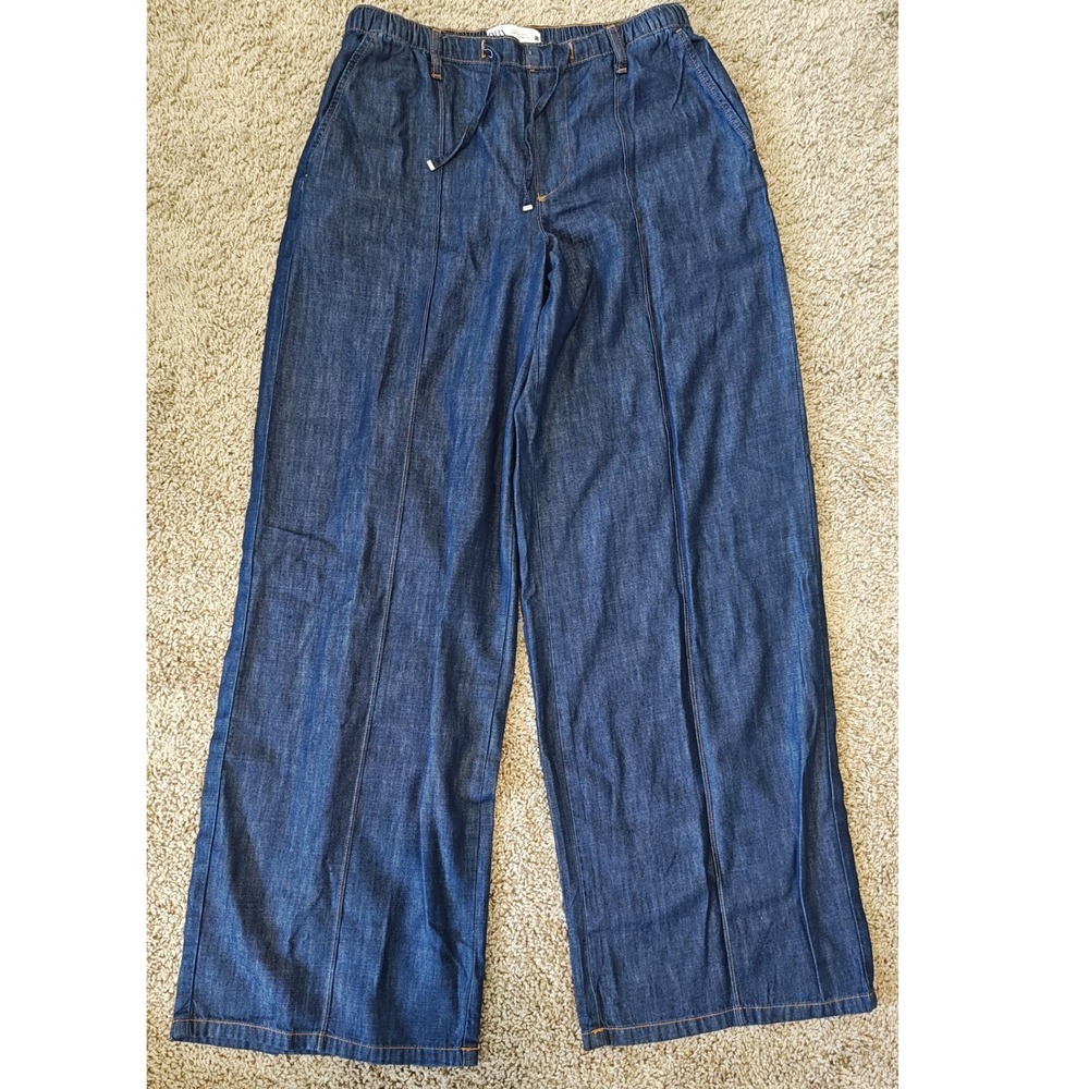 Zara Women Wide Leg Denim Trousers Pants Dark Elastic Waist Pull UP Drawstring